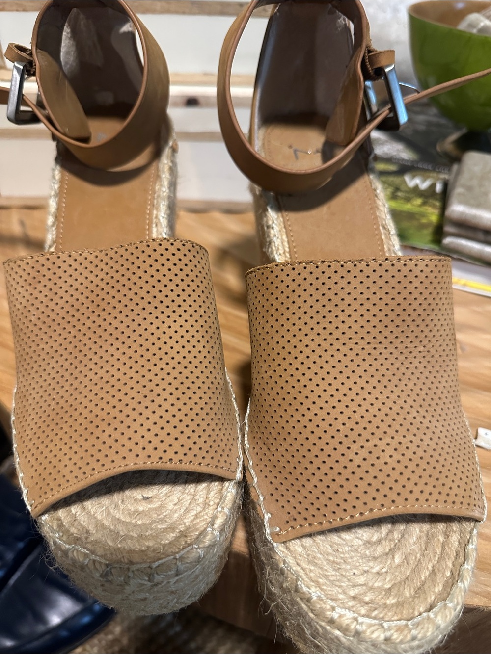 Marc Fisher Tan Perforated Espadrille Wedge Sandals new